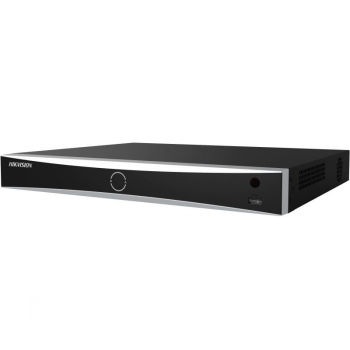 Hikvision 16-channel recorder, AcuSense 4K NVR, black and silver Black and silver 16-channel Hikvision recorder in a flat chassis, front view.