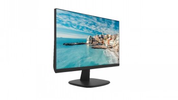 Hikvision 23.8" 1080p monitor with coastal landscape 23.8-inch black monitor with a slim plastic frame, stand, and VESA mount. The screen displays a coastal landscape in blue or...