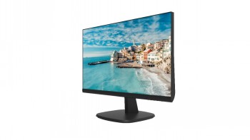Hikvision 23.8'' LED Monitor 1080P with Black Frame 23.8-inch HIKVISION monitor with a slim black plastic frame and VESA mount. The screen displays a coastal city with sky and sea...