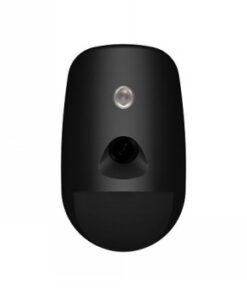 Hikvision's black wireless PIR camera and motion sensor, 12 m range Black, curved wireless PIR camera sensor photographed from the front. Light at the top and lens at the bottom.