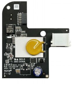 HIKVISION AX PRO 12V PSU MODULE circuit board module A black circuit board of HIKVISION AX PRO 12V PSU MODULE with a yellow capacitor and a white connector on the side.