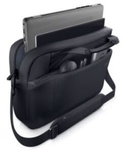 A black, slim briefcase with a laptop and accessories visible in the open compartment. Adjustable shoulder strap.