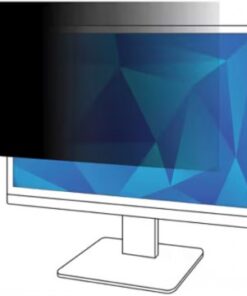 A dark privacy screen placed in front of the monitor, preventing side views. The monitor displays a graphic blue and white pattern.
