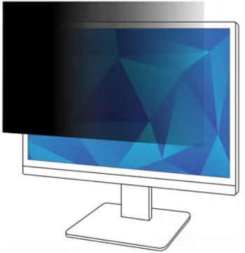 3M privacy screen for 23.8-inch monitors, blocks side viewing. A dark privacy screen placed in front of the monitor, preventing side views. The monitor displays a graphic blue and white pattern.