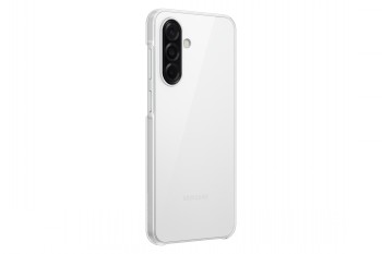 Samsung A26 Clear Case - transparent protective case for a smartphone Transparent Samsung A26 case showing the backside with a white surface, camera in the top left corner.