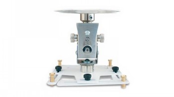 A white and metallic projector ceiling mount photographed from the front.