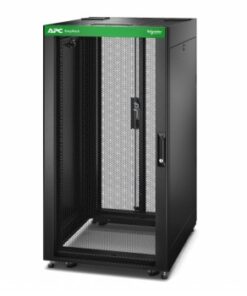Black 24U IT cabinet with a mesh door, top panel, side panels, and wheels. APC logo at the top.