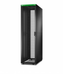 Black 48U APC Easy rack cabinet with roof, side panels, wheels, feet, and four brackets. The bottom is missing.