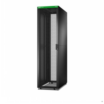 Black 48U APC Easy rack cabinet with roof, side panels, wheels, feet, and four brackets. The bottom is missing.