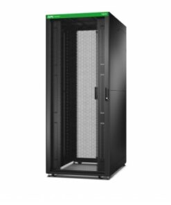 APC 42U rack cabinet with accessories - black, stylish, and spacious Black APC 42U rack cabinet, tall and narrow, mesh panels on the sides and ends, equipped with wheels and side panels.