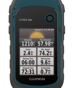 A Garmin eTrex 22x GPS device in shades of gray and blue, displaying hiking data on the screen.