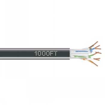 Cross-section of a black Ethernet cable, showing color-coded wire pairs and the marking '1000FT'.