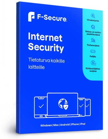 The blue-toned product package of the F-Secure Internet Security application, icons of a computer and mobile devices.