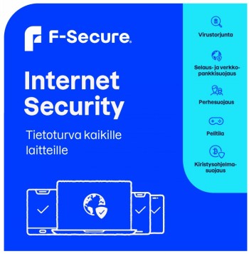 F-Secure Internet Security 1 year - effectively protect your devices. Packaging image of F-Secure Internet Security software, blue and white background, device icons.
