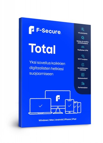 F-Secure Total digital security package Blue F-Secure Total software package. Screens and icons illustrating device security features.