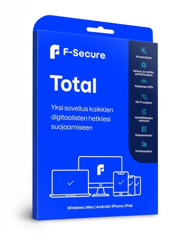 F-Secure TOTAL software package, 1 year and 3 devices. Blue F-Secure TOTAL software package mentioning one year and three devices.