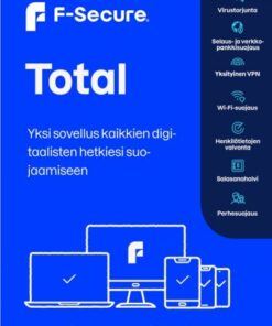 F-Secure Total security package for protecting three devices, blue and white packaging and device icons.