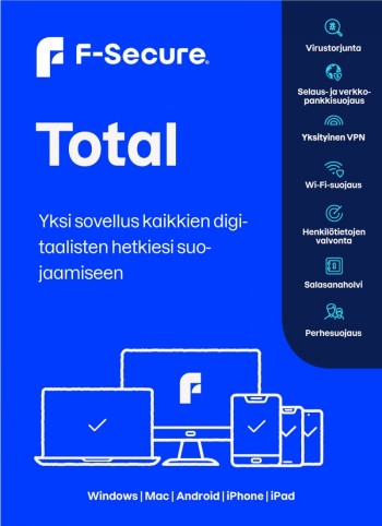 F-Secure Total security for 3 devices, 1 year F-Secure Total security package for protecting three devices, blue and white packaging and device icons.