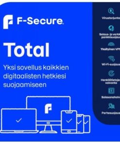 Blue F-Secure Total package showing various devices, such as a computer and smartphones.