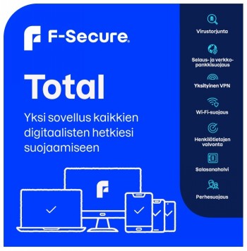 F-Secure Total - cybersecurity solution for your digital devices. Blue F-Secure Total package showing various devices, such as a computer and smartphones.