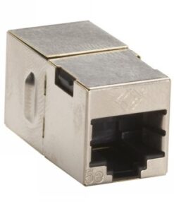 A metallic shielded Cat5e inline coupler, silver rectangular housing.