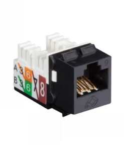 Black and white GigaTrue 2 CAT6 Keystone Jack connector. Color coding on the sides and gold-plated pins.