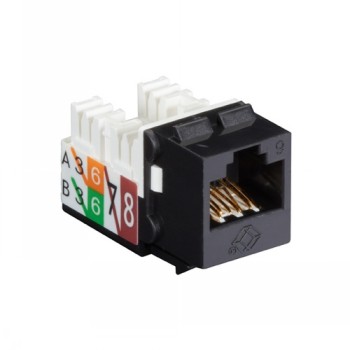 Black and white GigaTrue 2 CAT6 Keystone Jack connector. Color coding on the sides and gold-plated pins.