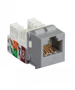 Gray Cat6 Keystone jack with color-coded wires for 110 punchdown installation.