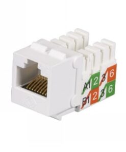 White Cat5e Keystone jack with color-coded wire connections. Pictured from the side in lighting.