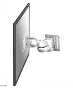 A silver wall mount with a single pivot and tilt feature, holding a flat screen in side profile.