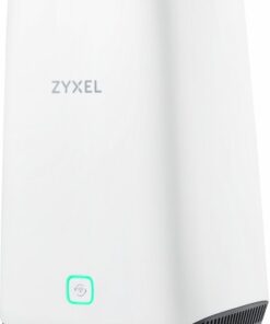 White, vertical Zyxel 5G router on a light background, indicator light on the front.