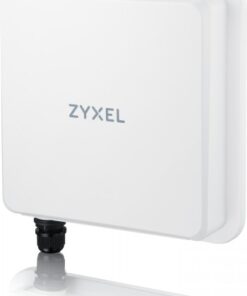 White Zyxel FWA710 5G outdoor router, square-shaped with rounded corners, black connector at the bottom.