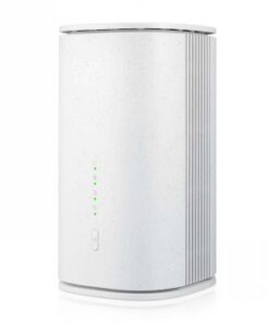 A white vertical 5G router with LED lights and vertical ventilation slots on the side.
