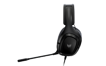 Acer Predator Galea 365 gaming headset in stylish black design. Black Acer Predator Galea 365 gaming headset with adjustable headband and detachable microphone, front view.