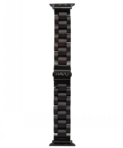 Dark wooden Apple Watch band, black tone, rectangular shape, metallic attachment points.