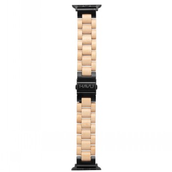 A light birch Apple Watch band with black metal details, photographed directly from the front.