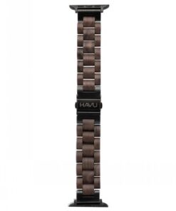 Walnut Apple Watch band with dark metal parts; photographed directly from above.