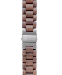 Havu Watches walnut wooden bracelet for Apple Watch, stylish and durable. Bracelet, walnut-colored wood material, metallic fasteners, vertical view.
