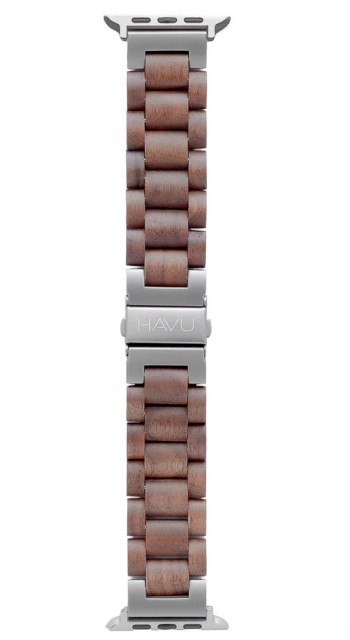 Bracelet, walnut-colored wood material, metallic fasteners, vertical view.