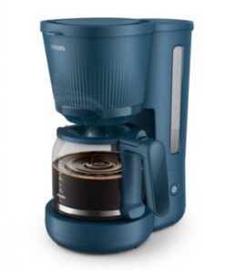 Blue Philips 3000 Series filter coffee maker, carafe filled with coffee, oblique front view.