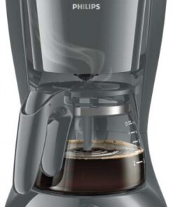 Gray Philips coffee maker with a glass pot and volume markings brewing coffee with steam.