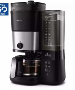 Black and silver Philips all-in-one coffee maker grinder, glass carafe, and digital display.