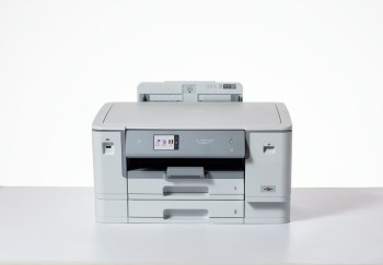 Brother HL-J6010DW color inkjet printer with WiFi and NFC support A light gray A3 color inkjet printer with two paper trays and an LCD monitor on the front panel.