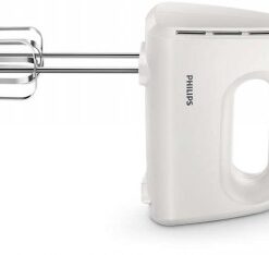 White Philips electric hand mixer with a handle, two beater attachments, side profile image.