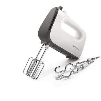 Philips Viva Collection hand mixer, white and grey body, stainless steel beaters and dough hooks on the table...