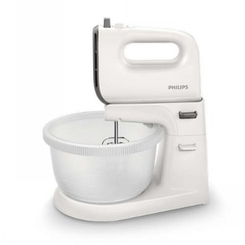 Philips Viva Collection 450W hand mixer with detachable bowl A white Philips hand mixer with a detachable bowl and 5 speed settings, pictured in a side profile.