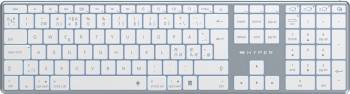 Hyper Bluetooth keyboard with wireless connectivity Silver-colored Hyper Bluetooth keyboard with a full-size layout and white keys.