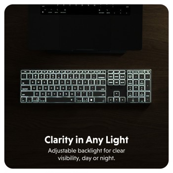 Targus Hyper Hyperspace wireless Bluetooth keyboard with backlighting. Targus Hyper Hyperspace Bluetooth keyboard illuminated in a dark environment, highlighting the backlit keys.
