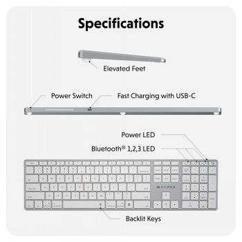 Targus Hyper Hyperspace Keyboard - Bluetooth and Backlit Wireless silver-gray Targus Hyper Hyperspace Bluetooth keyboard, backlit keys, and slim design.