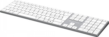 Targus HYPER HYPERSPACE Bluetooth keyboard for a stylish work environment. Thin, silver-colored wireless Bluetooth keyboard with white keys and a numeric keypad, side profile.